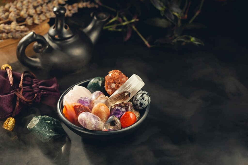 Healing Crystals and Mineral Stones in a Bowl